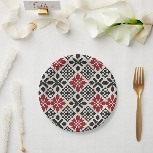 Red Schwarz-weiß Geometric Folk Pattern Pappteller (Hochzeit)