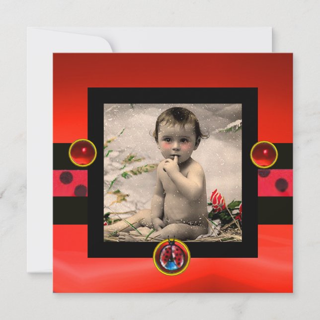 RED SCHWARZ-WEISS LADYBUG Monogramm Foto-Vorlage Einladung (Vorderseite)