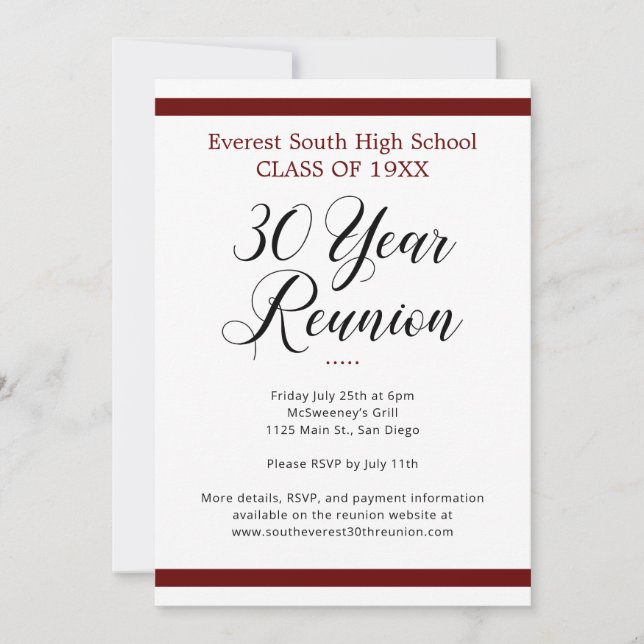 Red Schwarz-weiß Minimalistisch 30 Jahre Wiederseh Einladung (Vorderseite)