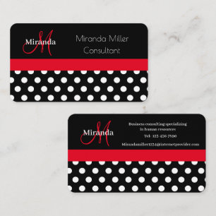 Red Schwarz-weiß Polka Dot Monogram Business Card Visitenkarte