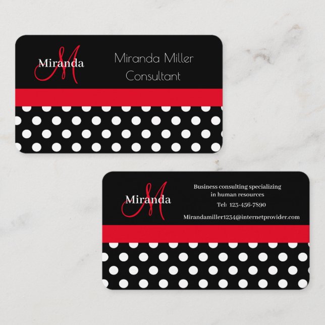 Red Schwarz-weiß Polka Dot Monogram Business Card Visitenkarte (Vorne/Hinten)