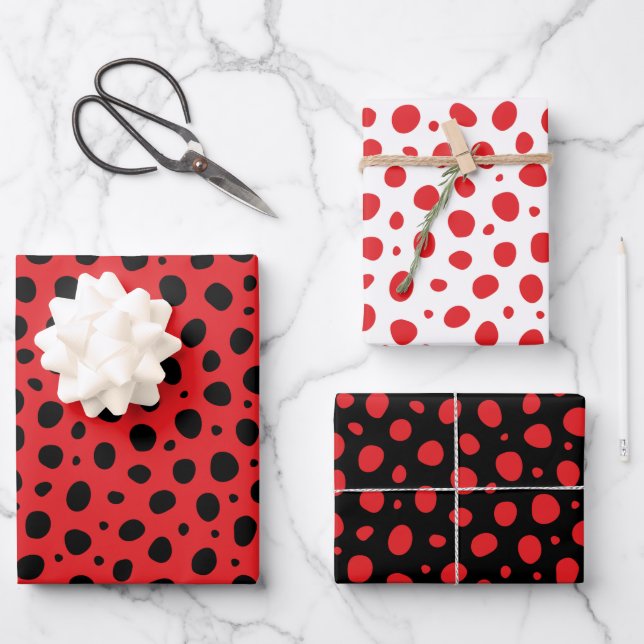 Red Schwarz-weiß Polka Dots Pattern Geschenkpapier Set (Vorderseite)