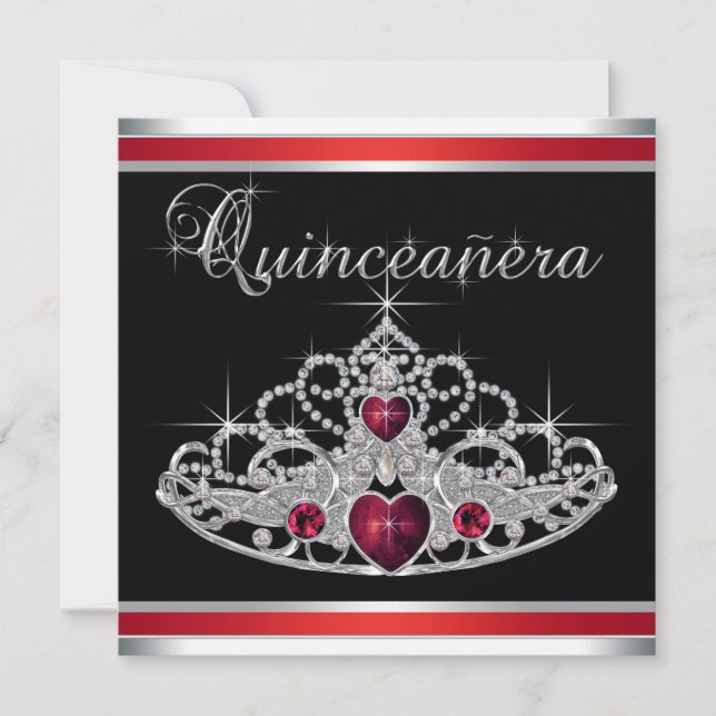 Red Schwarz-weiß Tiara Quinceanera Einladung (Vorderseite)
