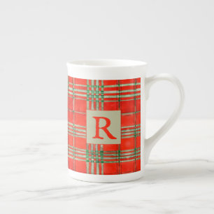 RED SCOTT TARTAN Knochen China Tasse + Initial