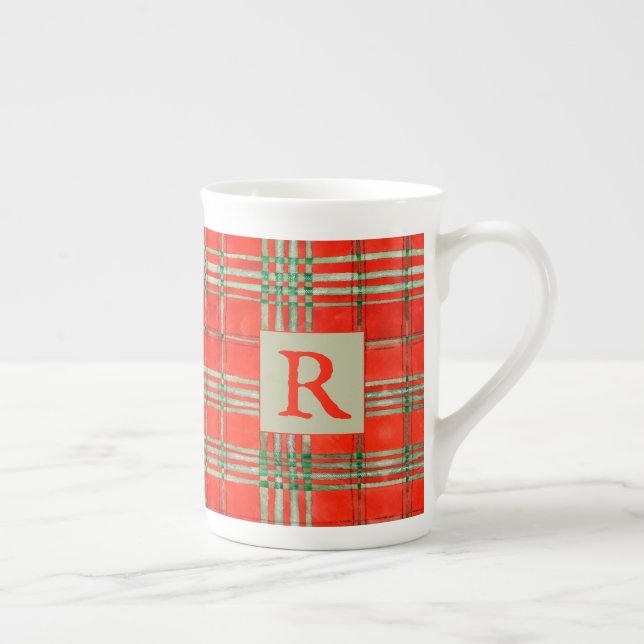 RED SCOTT TARTAN Knochen China Tasse + Initial (Rechts)