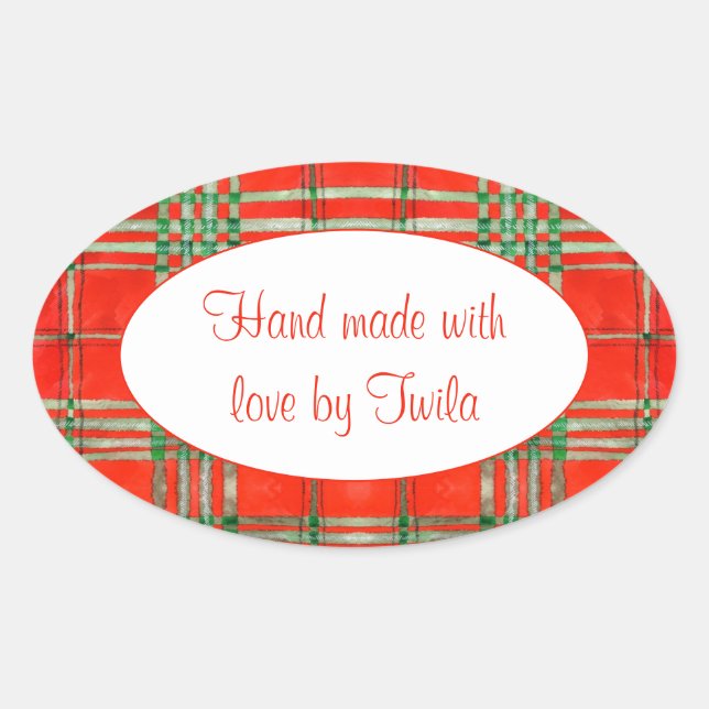 RED SCOTT TARTAN Oval "Hand Made Stickers" Ovaler Aufkleber (Vorderseite)