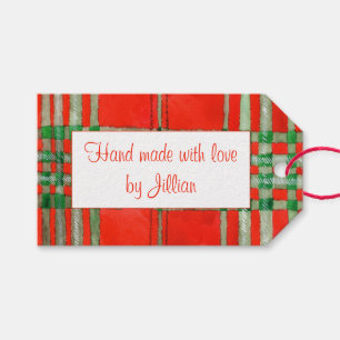 RED SCOTT TARTAN-Rechteck "Hand Made"-Tags Geschenkanhänger