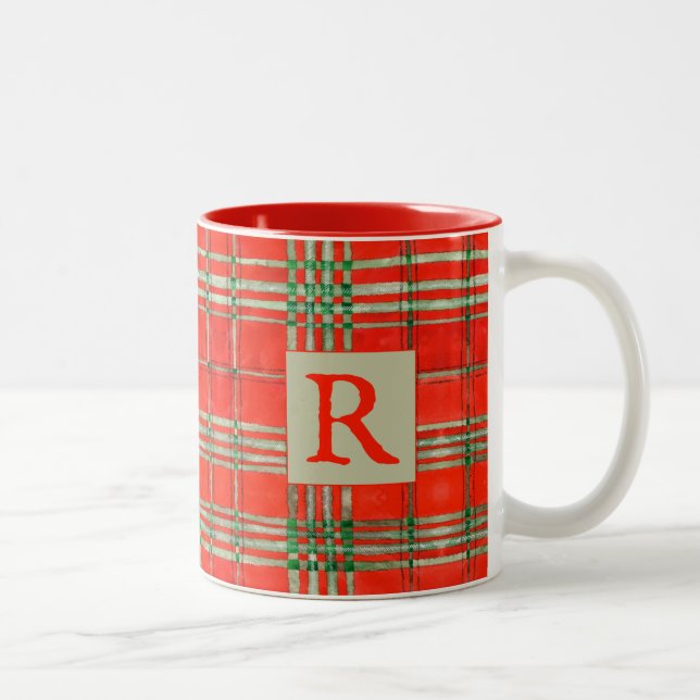 RED SCOTT TARTAN Red Two-Tone Tasse + Initial (Rechts)