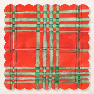 RED SCOTT TARTAN Scalloped Square Paper Untersetze Untersetzer