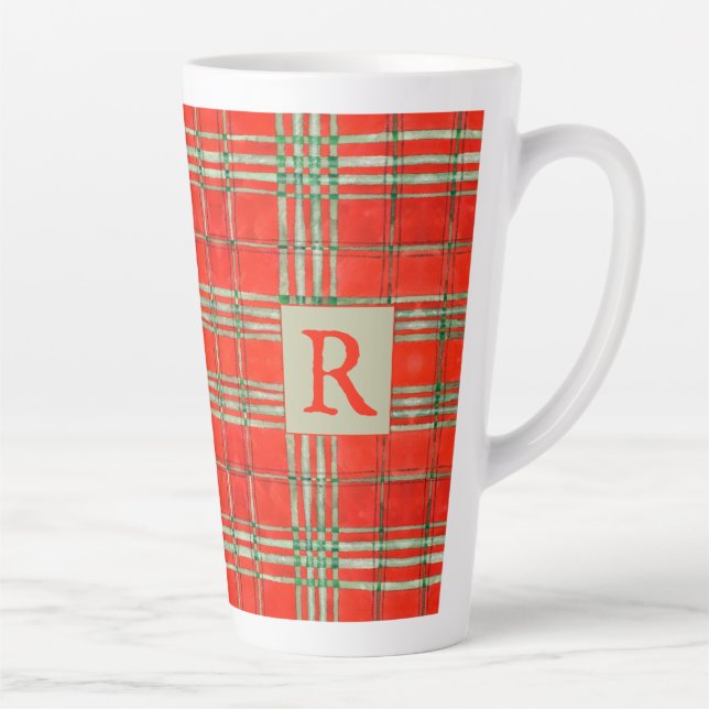 RED SCOTT TARTAN Tallenge Latte Tasse + Initial (Rechts)