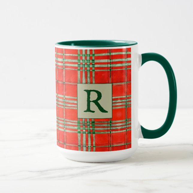 RED SCOTT TARTAN TallGreen Combo Tasse + Initial (Rechts)