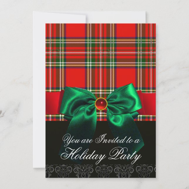 RED SCOTTISH TARTAN MIT GREEN BOW CHRISTMAS PARTY EINLADUNG (Vorderseite)
