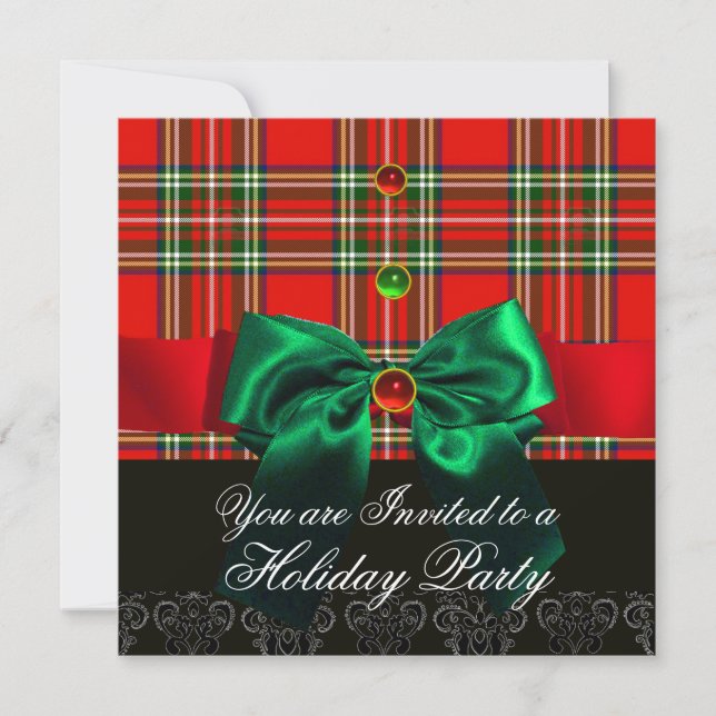 RED SCOTTISH TARTAN UND GREEN BOWS CHRISTMAS PARTY EINLADUNG (Vorderseite)