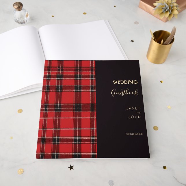 Red Scottish Tartan Wedding Gästebuch (Vorderseite offen)