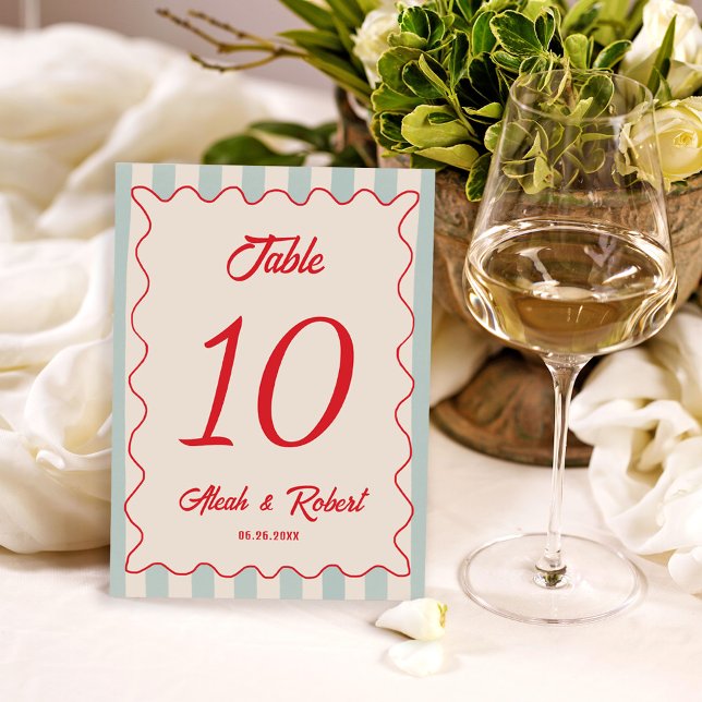 Red Script Blue Line Retro Wedding Table Number Tischnummer (Von Creator hochgeladen)