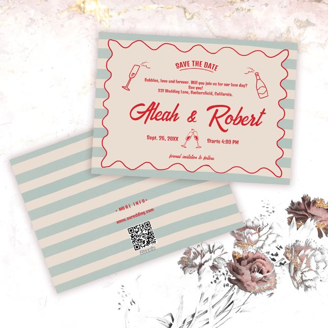 Red Script Blue Lines Retro Wedding Save the Date Einladung (Von Creator hochgeladen)