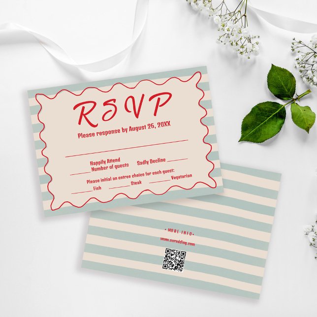 Red Script Blue Stripes QR Code Retro Wedding RSVP Karte (Von Creator hochgeladen)