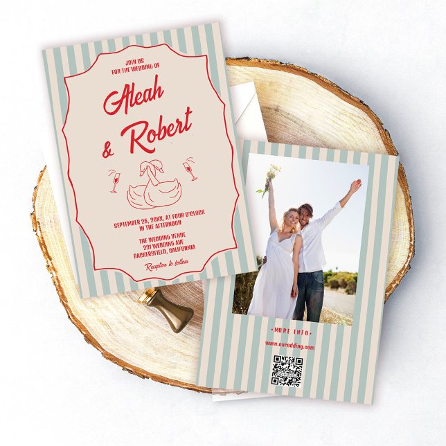 Red Script Blue Stripes Retro Photo Wedding Einladung (Von Creator hochgeladen)