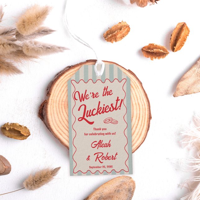 Red Script Blue Stripes Retro Wedding Geschenkanhänger (Von Creator hochgeladen)