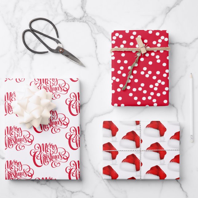 Red Script Frohe Weihnachten, Punkte & Weihnachtsm Geschenkpapier Set (Vorderseite)