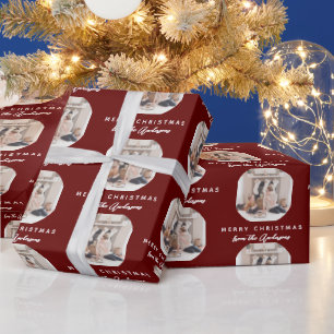 Red Script Frohe Weihnachtsfamilie Name Foto Geschenkpapier