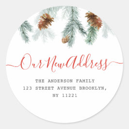 Red script holiday moving announcement runder aufkleber