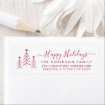 Red Script Pine Christmas Return Address Label<br><div class="desc">Elegante,  moderne Rücksendeadressen-Aufkleber in Rot und Weiß,  die Weihnachtsfamilien in gemütlicher Atmosphäre. Mit einem hübschen handgeschriebenen Drehbuch mit dem Sprichwort "fröhliche Weihnachten" im Swash-Schwanz-Schriftart,  kiefern Bäume mit kleinen Herzen. Ideal für die Weihnachtszeit,  einfach zu personalisieren mit Ihren Namen und Rücksendeadresse-Infos.</div>