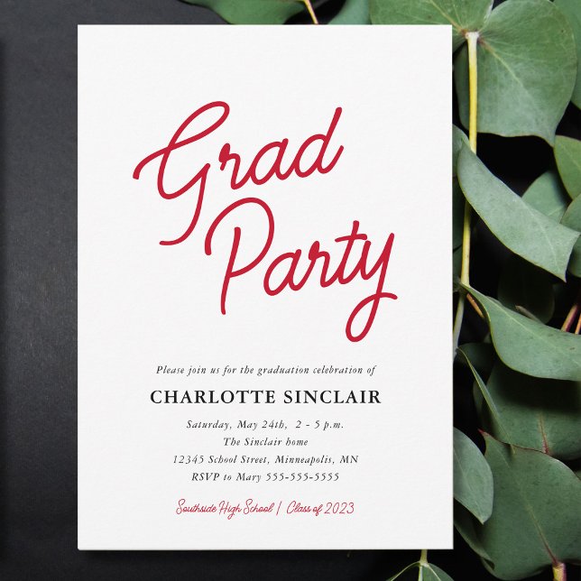 Red Script Simple Budget Grad Party Einladung (Von Creator hochgeladen)