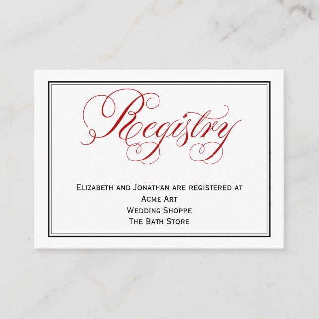 Red Script Wedding Registry Information Card Begleitkarte (Vorderseite)