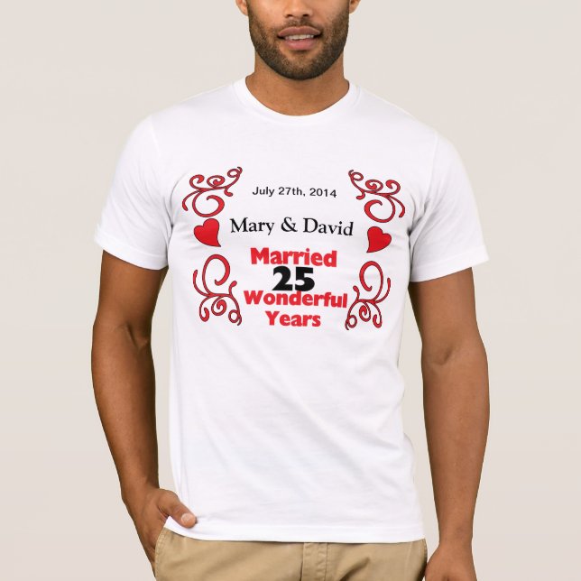 Red Scroll & Hörnamen & Datum 25 Jahre Jubiläum T-Shirt (Vorderseite)