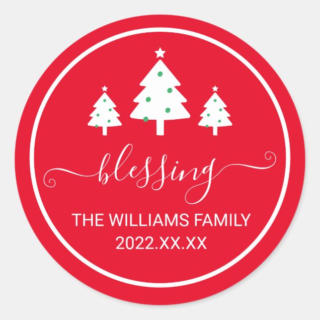 Red Segen Weihnachtsbäume Name Runder Aufkleber (Vorderseite)