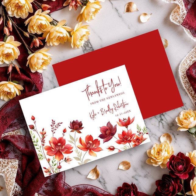 Red Shades Romantic Floral Wedding Dankeskarte (Red Shades Romantic Spring Floral Wedding Thank You Cards.)