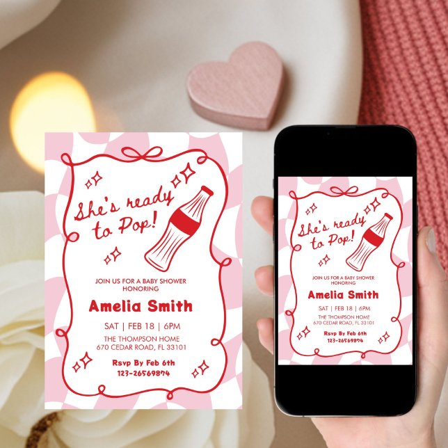 Red She's Ready to Pop cola Soda Baby shower  Einladung (Von Creator hochgeladen)
