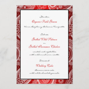Red Shimmer Satin White Lace Paisley Menü Card Menükarte