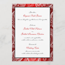 Red Shimmer Satin White Lace Paisley Menü Card Menükarte