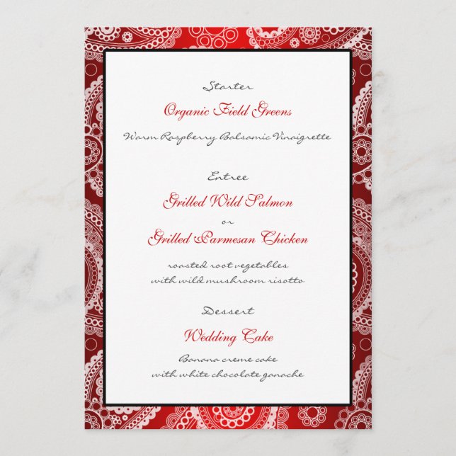Red Shimmer Satin White Lace Paisley Menü Card Menükarte (Vorderseite)