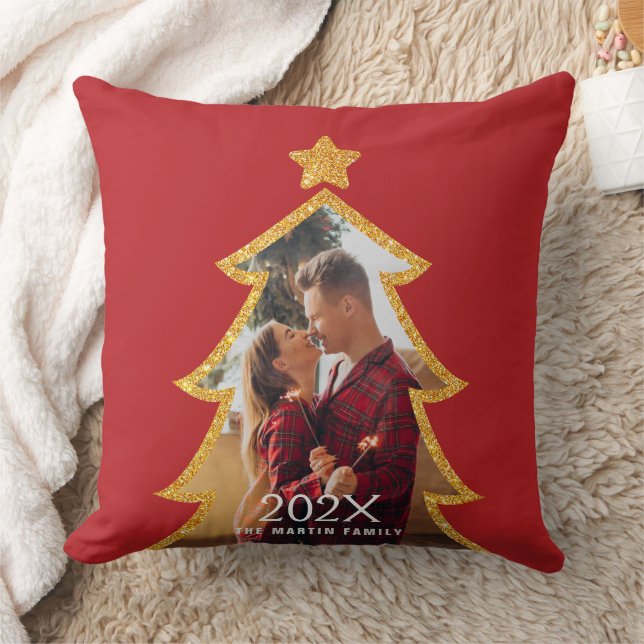 Red Shiny Christmas Tree Personalized Photo Kissen (Decke)