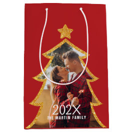 Red Shiny Christmas Tree Personalized Photo Mittlere Geschenktüte