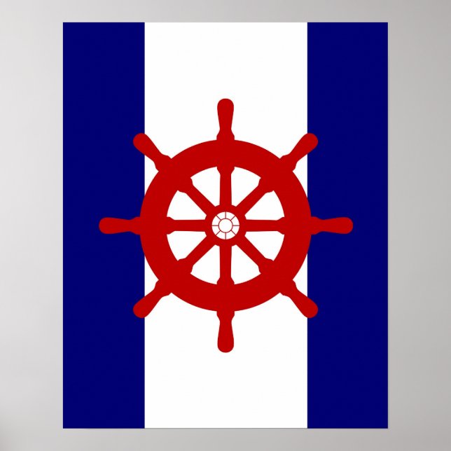 Red Ships Wheel Marine & White Stripes Print Poste Poster (Vorne)
