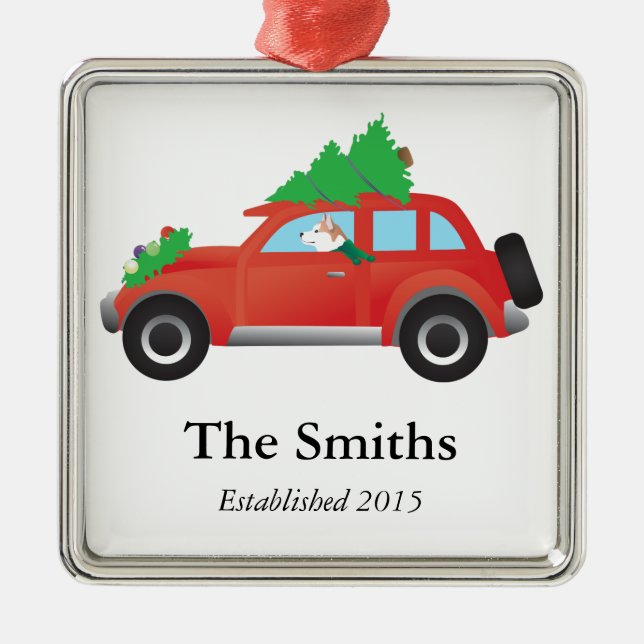 Red Siberian Husky Fahrwagen mit Weihnachtsbaum Silbernes Ornament (Vorne)