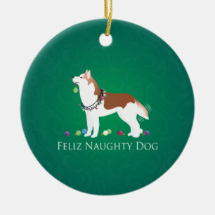 Red Siberian Husky Feliz Naughty Dog Weihnachten Keramikornament