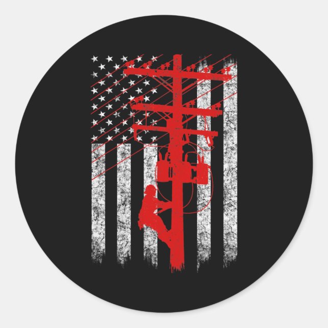 Red Silhouette American Flag Lineman Electrician  Runder Aufkleber (Vorderseite)