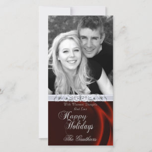 Red Silk Happy Holiday Silver Foto Card Feiertagskarte