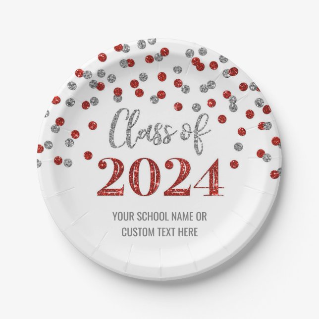 Red Silver Confetti Abschluss 2024 Pappteller (Vorderseite)