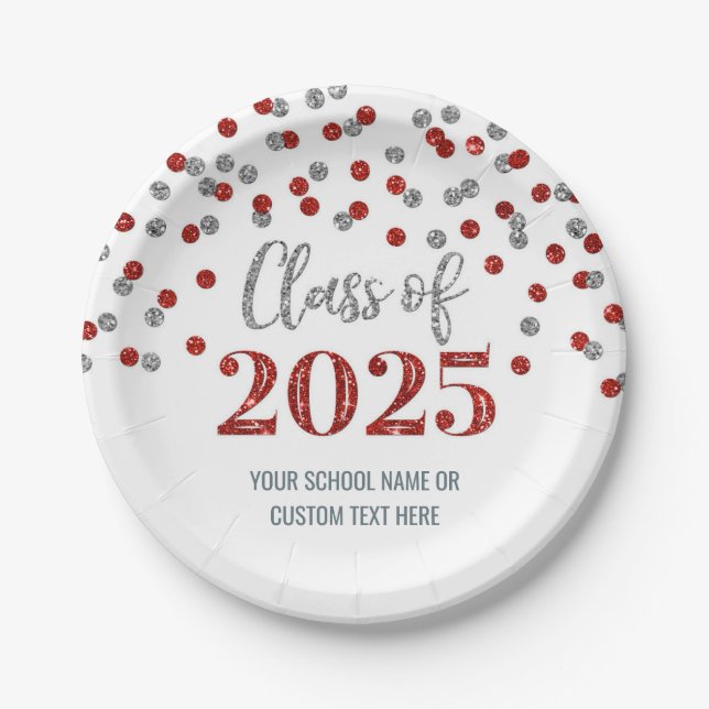Red Silver Confetti Abschluss 2025 Pappteller (Vorderseite)