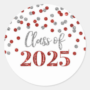 Red Silver Confetti Abschluss 2025 Runder Aufkleber