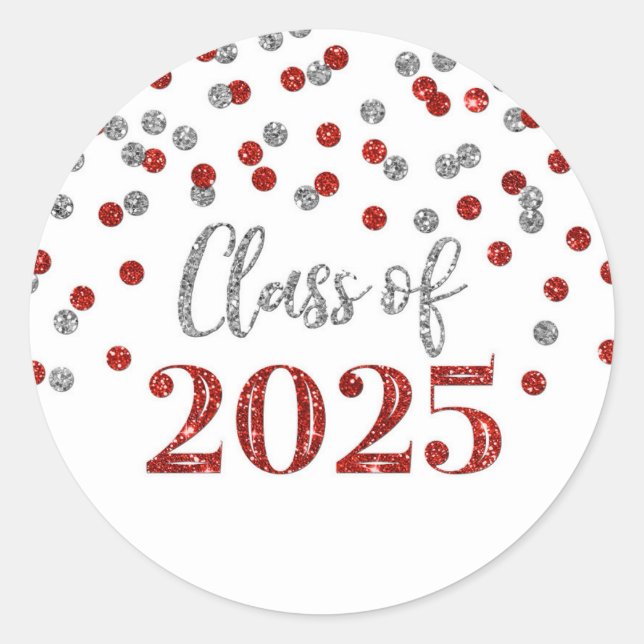 Red Silver Confetti Abschluss 2025 Runder Aufkleber (Vorderseite)