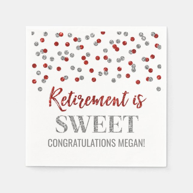Red Silver Confetti Retirement ist Sweet Serviette (Vorderseite)