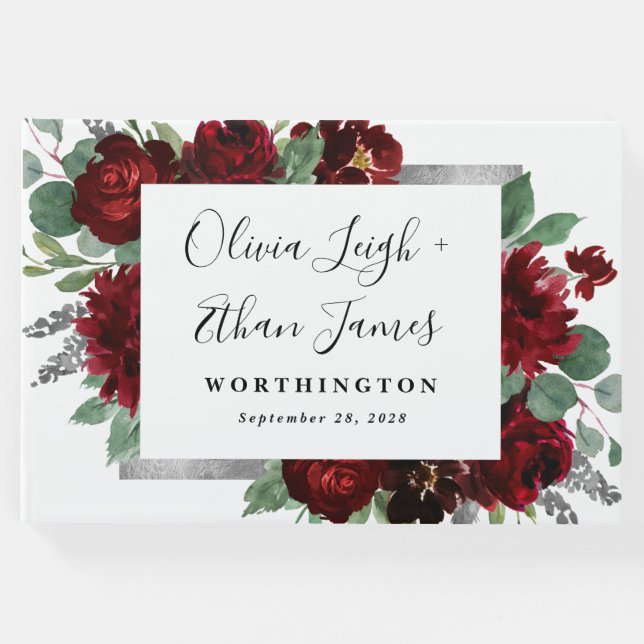 Red & Silver Country Burgund Rose Winter Wedding Gästebuch (Vorderseite)