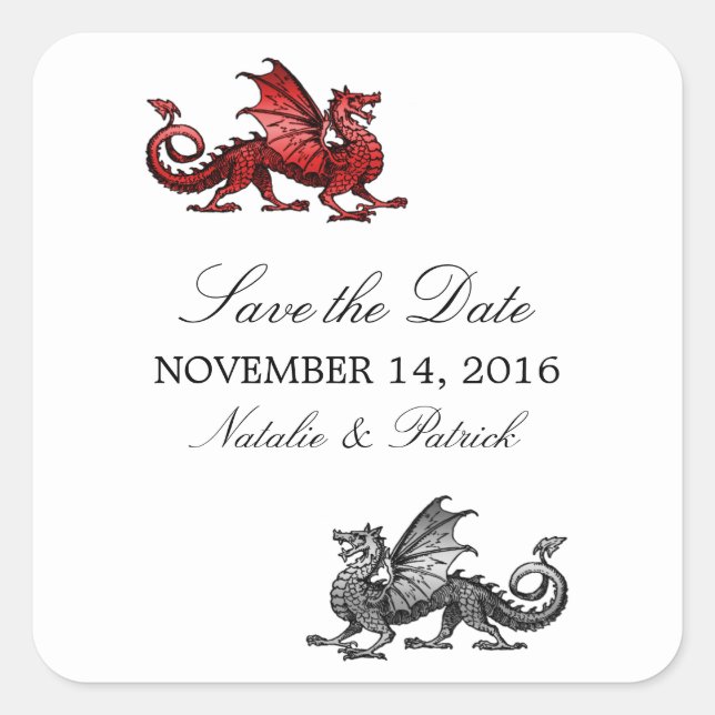 Red Silver Dragon Save the Date Stickers (Vorderseite)